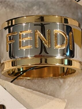 Authentic Fendi Ferra Foulard Scarf Ring Gold Tone Logo Ring NWT Box Tags